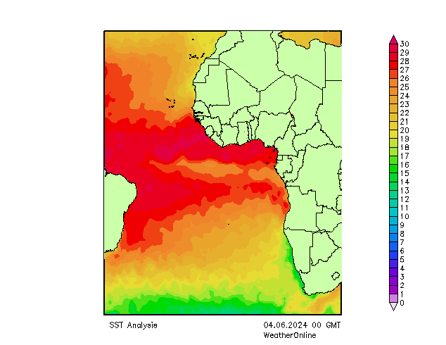 Atlantische Oceaan SST di 04.06.2024 00 UTC