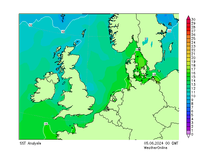 Noordzee SST wo 05.06.2024 00 UTC
