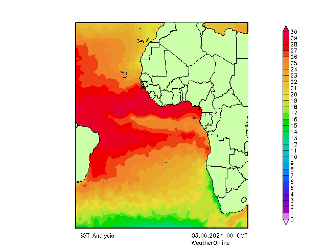 Atlantische Oceaan SST wo 05.06.2024 00 UTC
