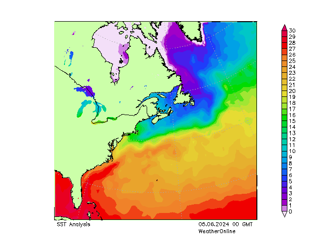 Atlantische Oceaan SST wo 05.06.2024 00 UTC