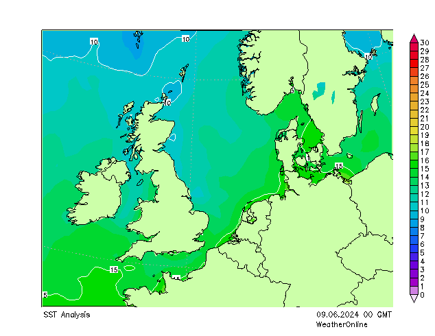 Noordzee SST zo 09.06.2024 00 UTC