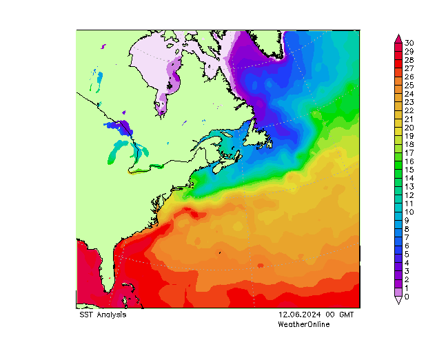 Atlantische Oceaan SST wo 12.06.2024 00 UTC