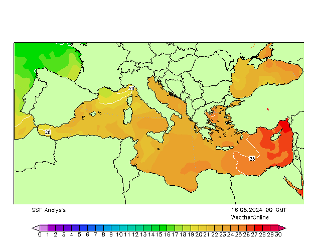 Middellandse Zee SST zo 16.06.2024 00 UTC