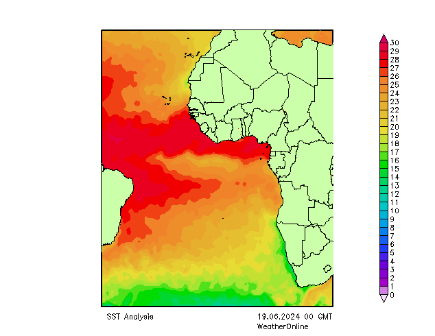 Atlantische Oceaan SST wo 19.06.2024 00 UTC