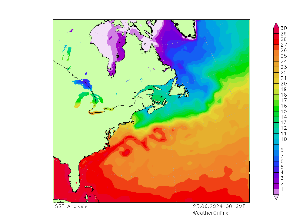 Atlantische Oceaan SST zo 23.06.2024 00 UTC