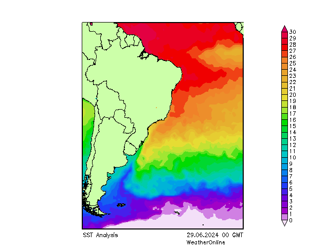 Atlantische Oceaan SST za 29.06.2024 00 UTC