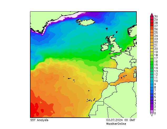 Atlantische Oceaan SST wo 03.07.2024 00 UTC