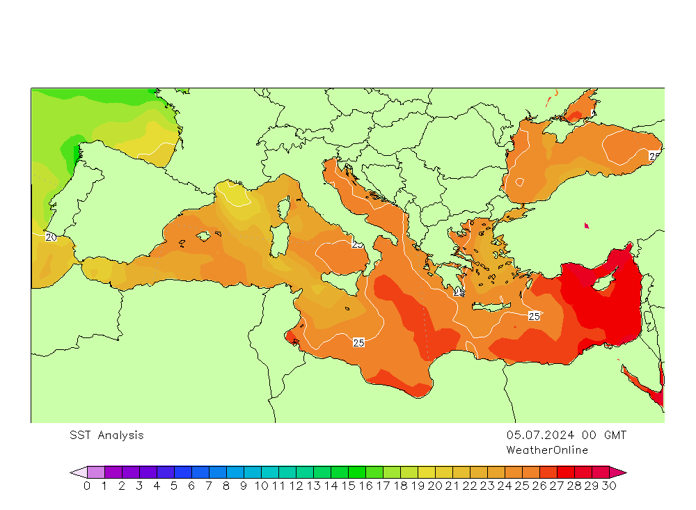 Middellandse Zee SST vr 05.07.2024 00 UTC