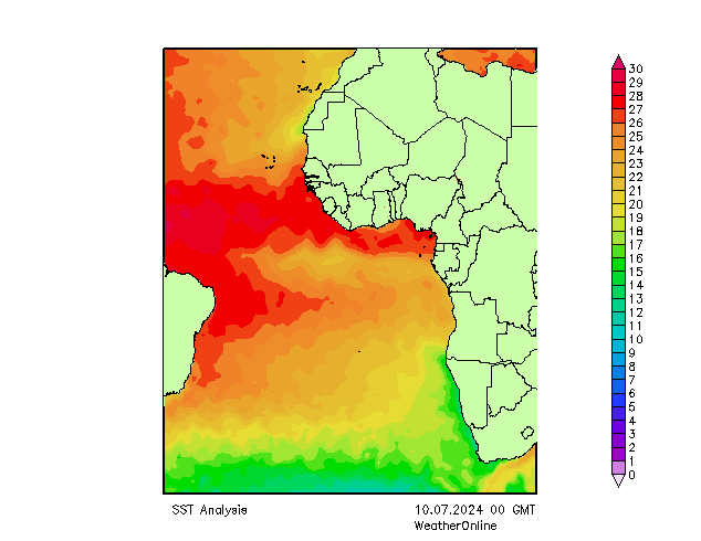 Atlantische Oceaan SST wo 10.07.2024 00 UTC