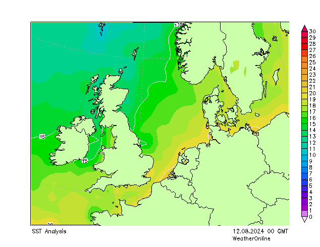 Noordzee SST ma 12.08.2024 00 UTC