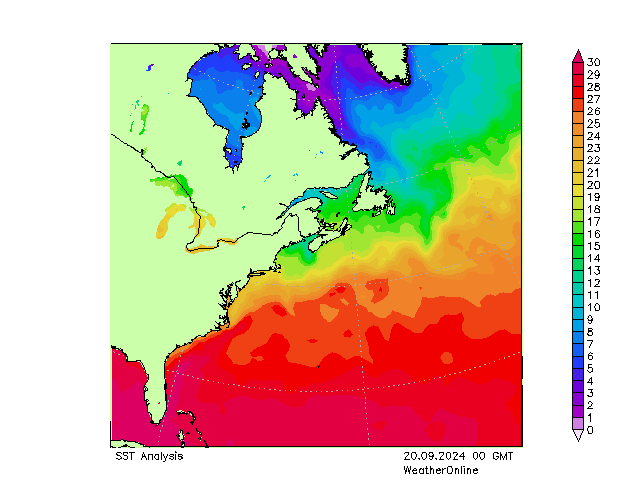 Atlantische Oceaan SST vr 20.09.2024 00 UTC