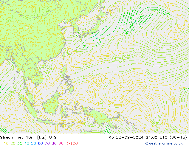 Stroomlijn 10m GFS ma 23.09.2024 21 GMT